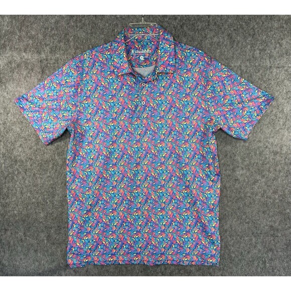 Chubbies Polo Shirt Men's Medium Pink Blue Floral Print Golf Short Sleeve - Picture 1 of 7